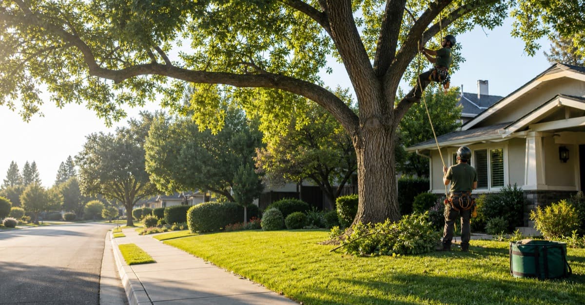 Tree service crew working near a mature Sacramento shade tree