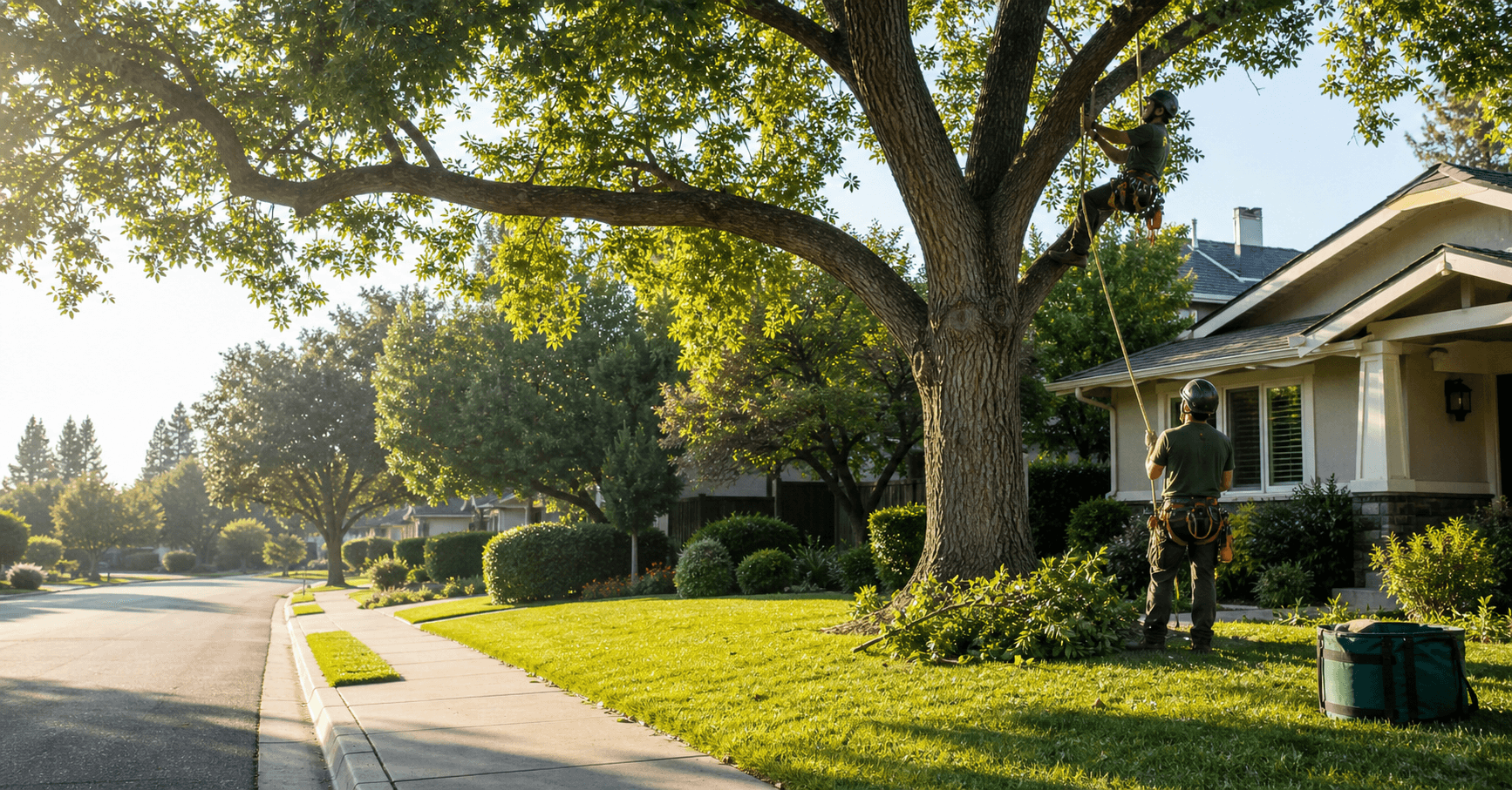 Tree service crew working near a mature Sacramento shade tree
